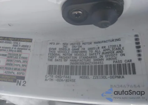 2004 Toyota Corolla Le z USA, uszkodzony, nr VIN 1NXBR38E84Z338451